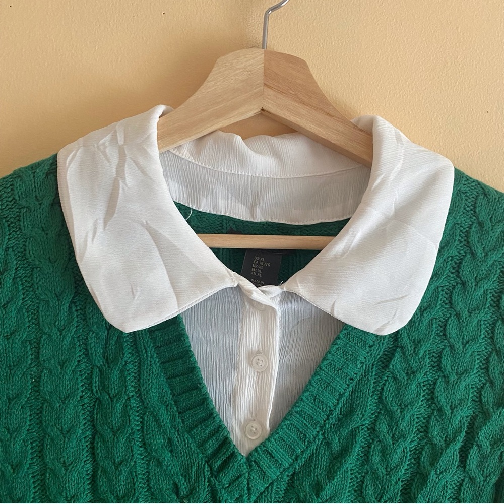 Christian Siriano White Collared Blouse Green Cable Knit Sweater Vest Preppy - Picture 5 of 13
